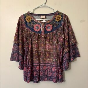 Anthropologie Floral Mesh Detail Bohemian Blouse - Pink and Blue, Size Small